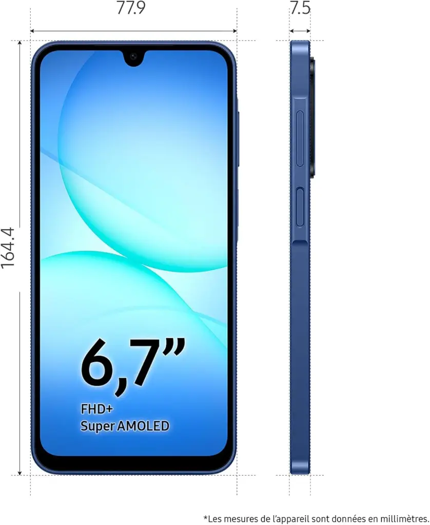 Samsung Galaxy A17 5G 128 Go, Smartphone Android déverrouillé, écran 6,7", Batterie 5000 mAh, Bleu, Version FR dimensions.webp