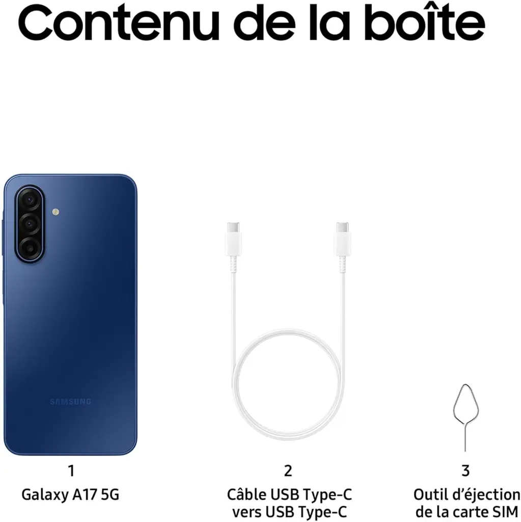 Samsung Galaxy A17 5G 128 Go, Smartphone Android déverrouillé, écran 6,7", Batterie 5000 mAh, Bleu, Version FR box.webp