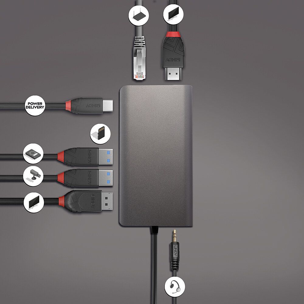 Mini Dock USB 3.2 Type C - 4K HDMI & DP, PD 3.0 100W, USB 3.2, Ethernet Gigabit , SD, Audio