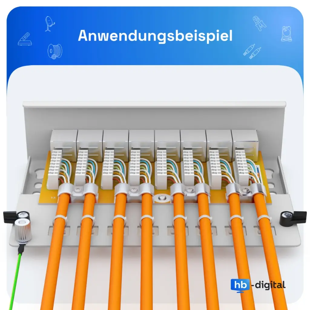 Panneau de brassage Cat6 hb-digital 8 ports RJ45 pour Câble réseau gris clair dos ouvert.webp