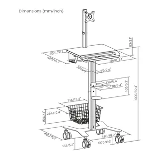 Chariot pour appareils médicaux avec support moniteur 17"-27" dimensions.webp