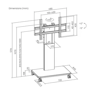 Support à roulettes pour écran et moniteur de 32" à 85", en acier, finition bois dessin technique dimensions.webp