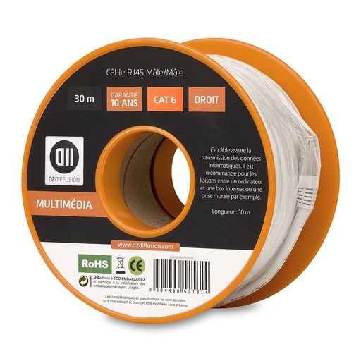 [D2RJ45D3000] Bobine câble RJ45 droit CAT6 -30m