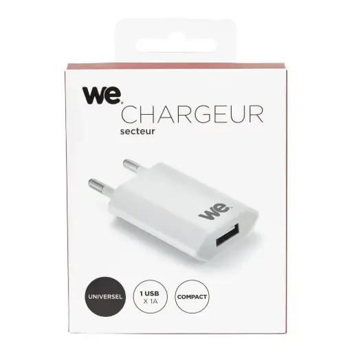 [WEAL1USBB] Chargeur secteur 1 USB 1A = total 5W blanc design plat